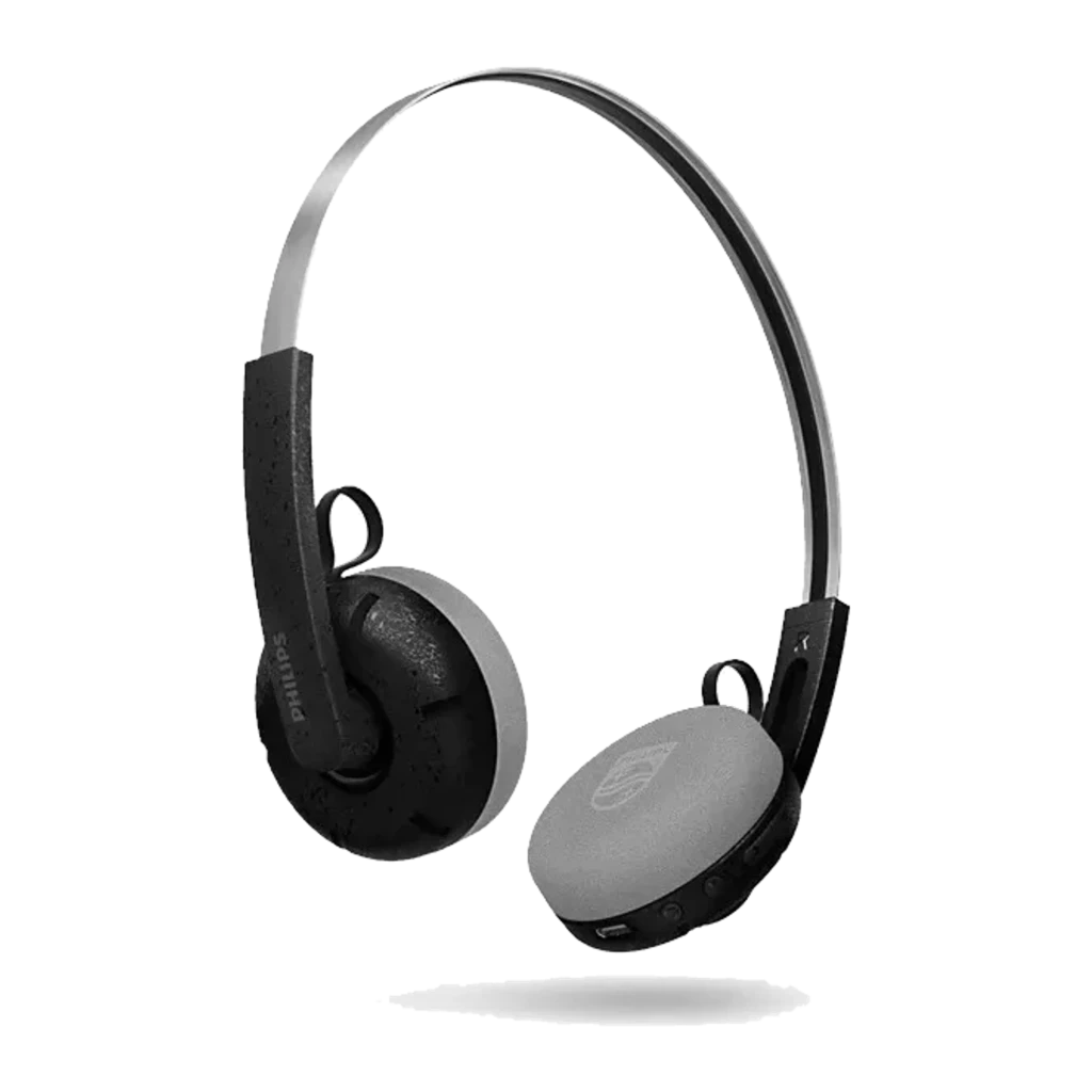 Philips TAH2000BK 2000 Series Preto, vista lateral: arco prateado, almofadas pretas com logo Philips e LED azul - Item2