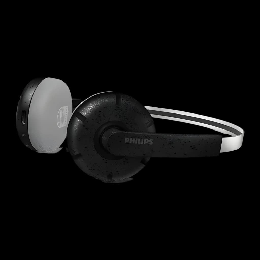Philips TAH2000BK 2000 Series noir, vue latérale: arceau blanc, coussinets noirs mouchetés et logo Philips