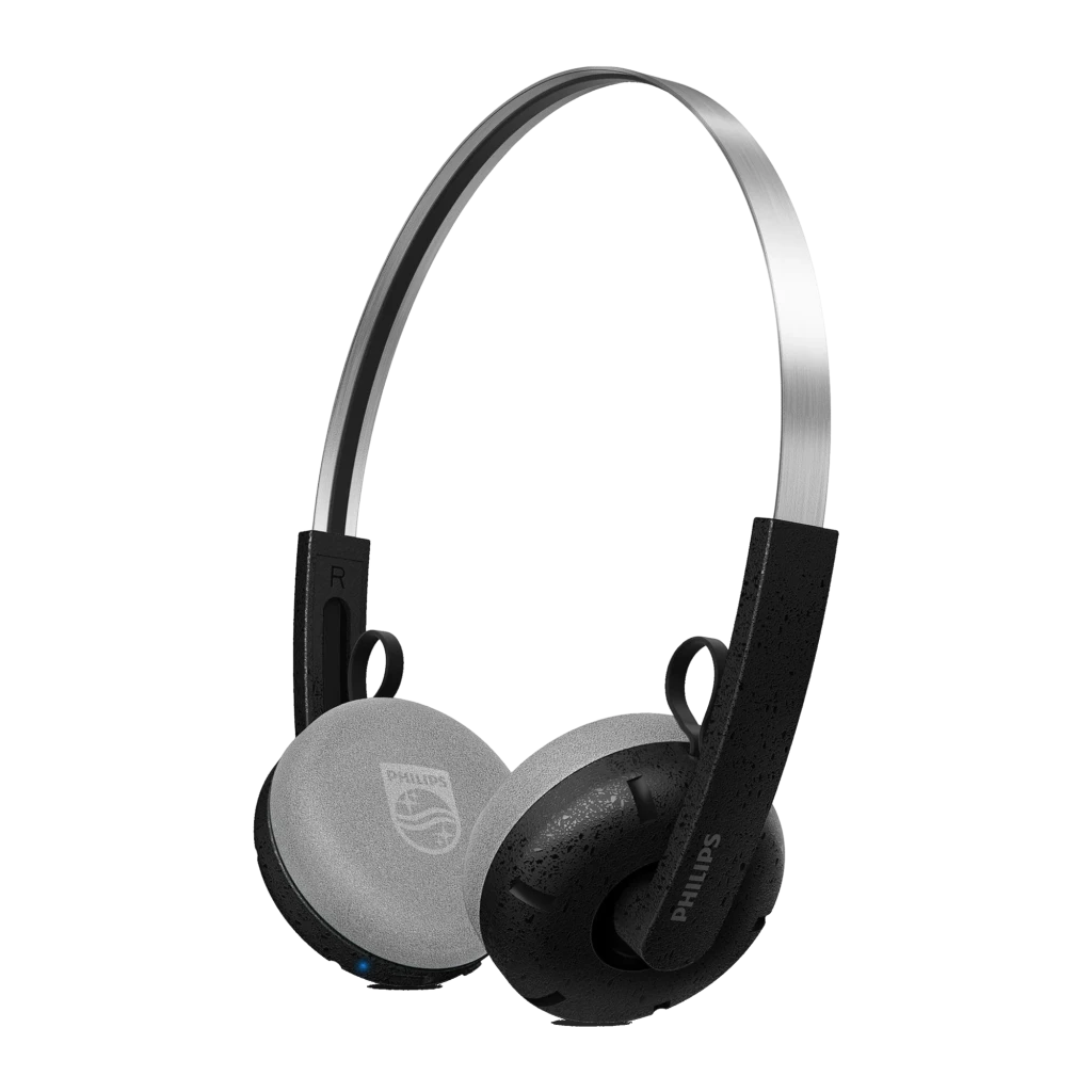 Philips TAH2000BK 2000 Series Preto, vista lateral: arco prateado, almofadas pretas com logo Philips e LED azul - Item10