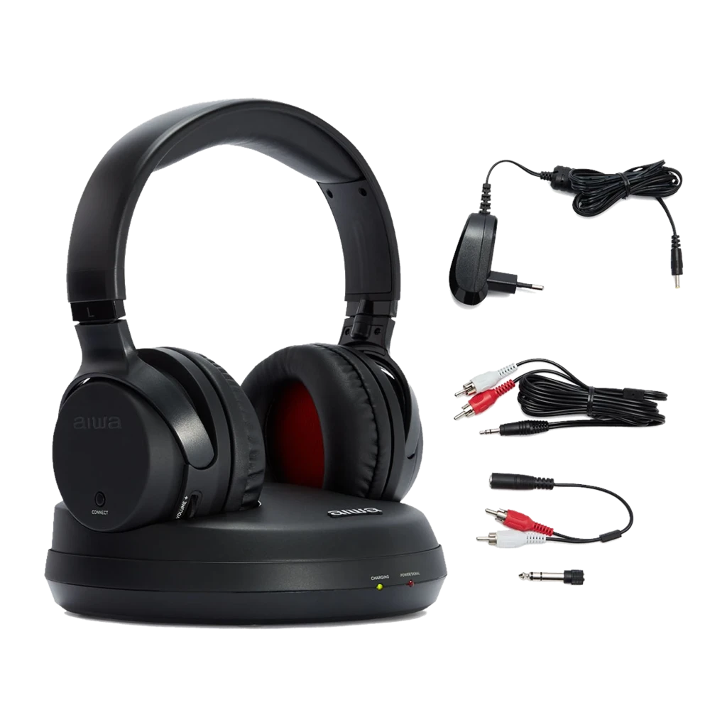 AIWA WHF-880 TV RF noir, kit côté gauche: casque sur base de charge avec LEDs charging et power allumés - Ítem5
