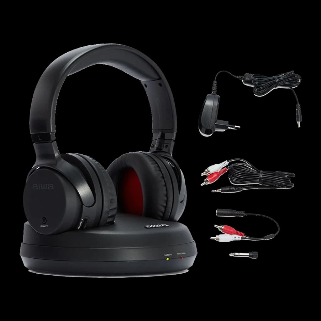 AIWA WHF-880 TV RF negro, contenido de la caja: auriculares con base, adaptador de corriente, cable RCA y adaptadores