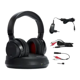 AIWA WHF-880 TV RF negro, contenido de la caja: auriculares con base, adaptador de corriente, cable RCA y adaptadores