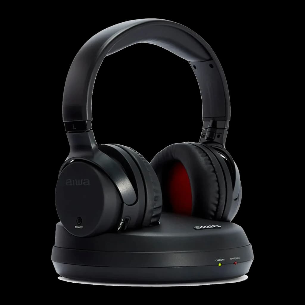 AIWA WHF-880 TV RF negro, kit lateral izquierda: auriculares sobre base de carga con LEDs charging y power encendidos