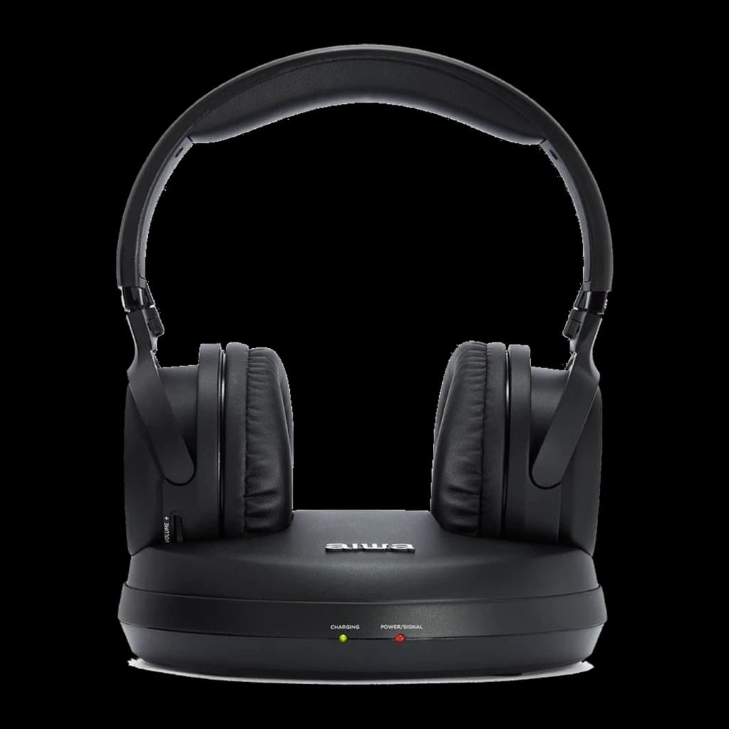 AIWA WHF-880 TV RF negro, kit vista frontal: auriculares en base de carga, LEDs charging y power/signal visibles frontalmente