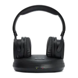 AIWA WHF-880 TV RF negro, kit vista frontal: auriculares en base de carga, LEDs charging y power/signal visibles frontalmente