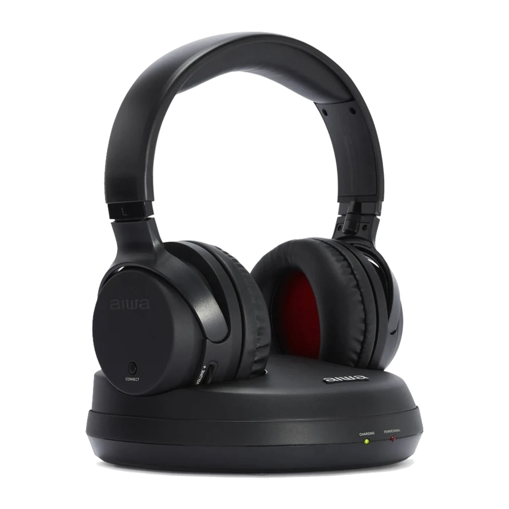 AIWA WHF-880 TV RF noir, kit côté gauche: casque sur base de charge avec LEDs charging et power allumés - Ítem4