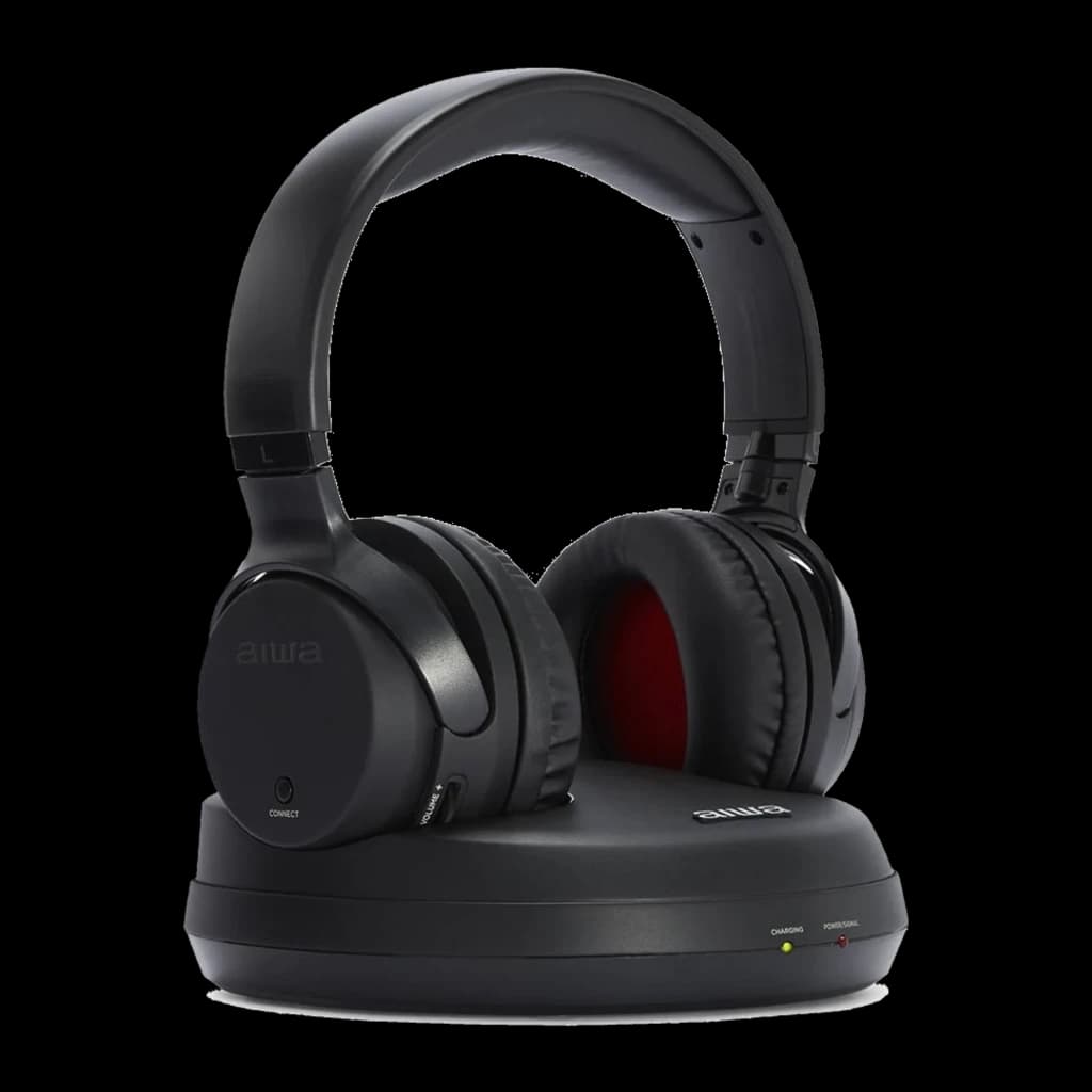 AIWA WHF-880 TV RF negro, kit tres cuartos izquierda sin fondo negro: base circular aiwa y auriculares en ángulo abierto