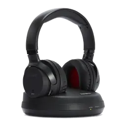AIWA WHF-880 TV RF negro, kit tres cuartos izquierda sin fondo negro: base circular aiwa y auriculares en ángulo abierto