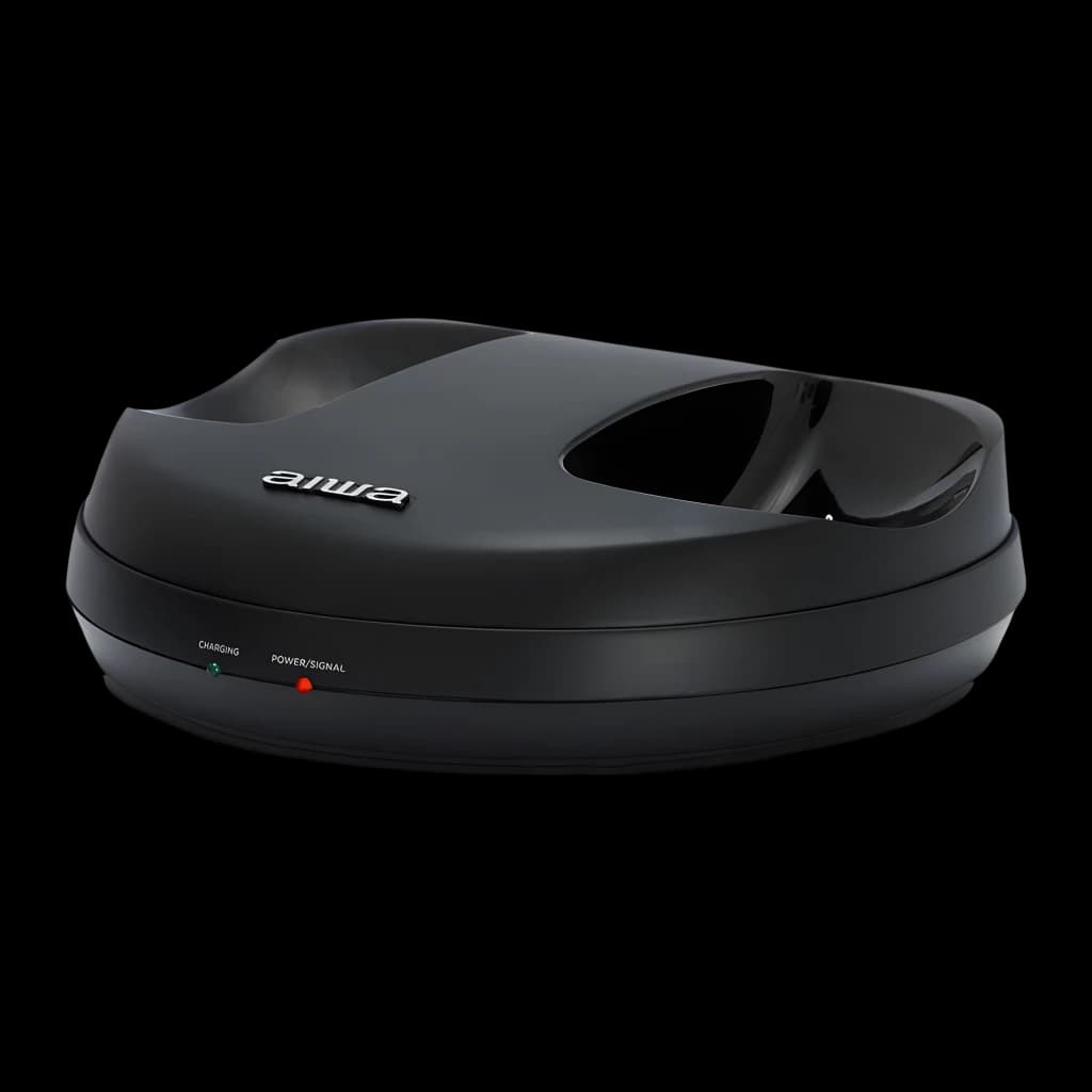 AIWA WHF-880 TV RF Negro, base de carga: vista lateral con logo aiwa e indicadores LED Charging y Power/Signal
