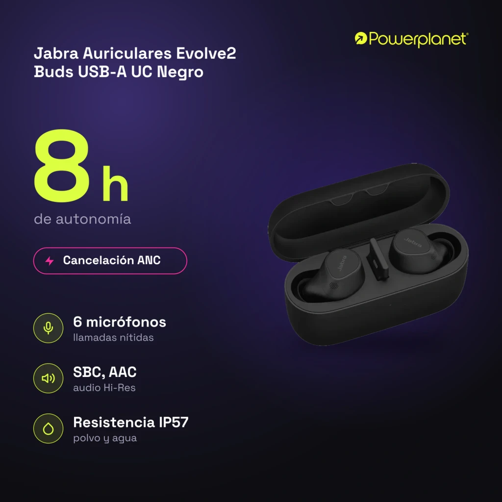 Jabra Evolve2 Buds USB-A UC negro, vista principal: auriculares true wireless en estuche abierto con tapa elevada - Ítem6