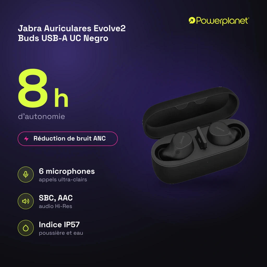 Jabra Evolve2 Buds USB-A UC negro, vista principal: auriculares true wireless en estuche abierto con tapa elevada - Ítem8