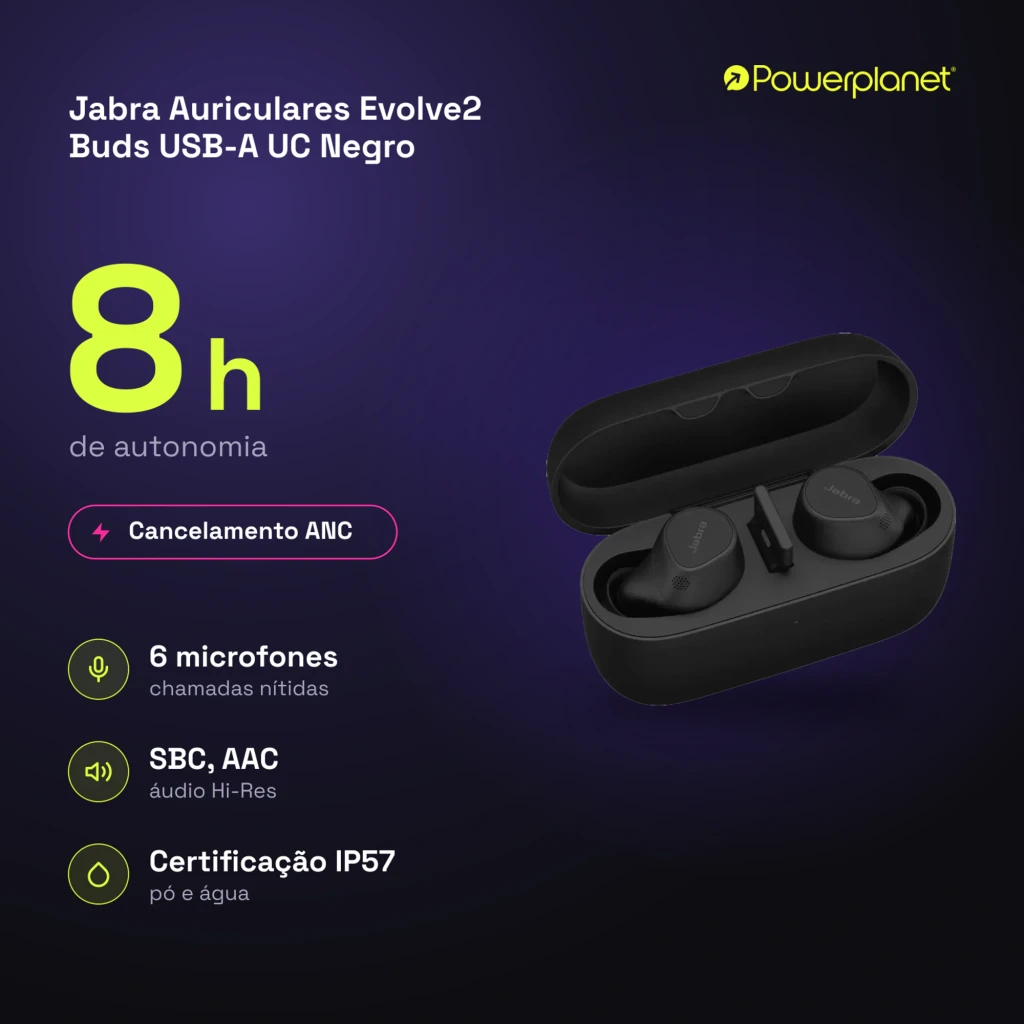 Jabra Evolve2 Buds USB-A UC negro, vista principal: auriculares true wireless en estuche abierto con tapa elevada - Ítem7