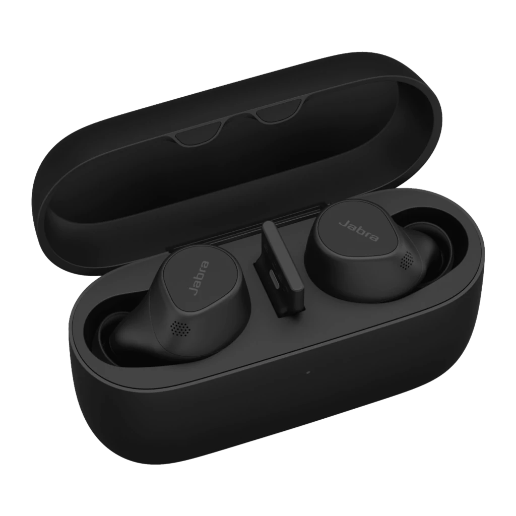 Jabra Evolve2 Buds USB-A UC negro, vista principal: auriculares true wireless en estuche abierto con tapa elevada - Ítem1