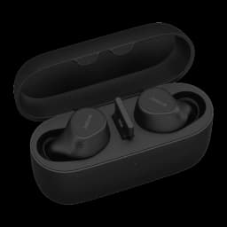 Jabra Evolve2 Buds USB-A UC negro, vista principal: auriculares true wireless en estuche abierto con tapa elevada