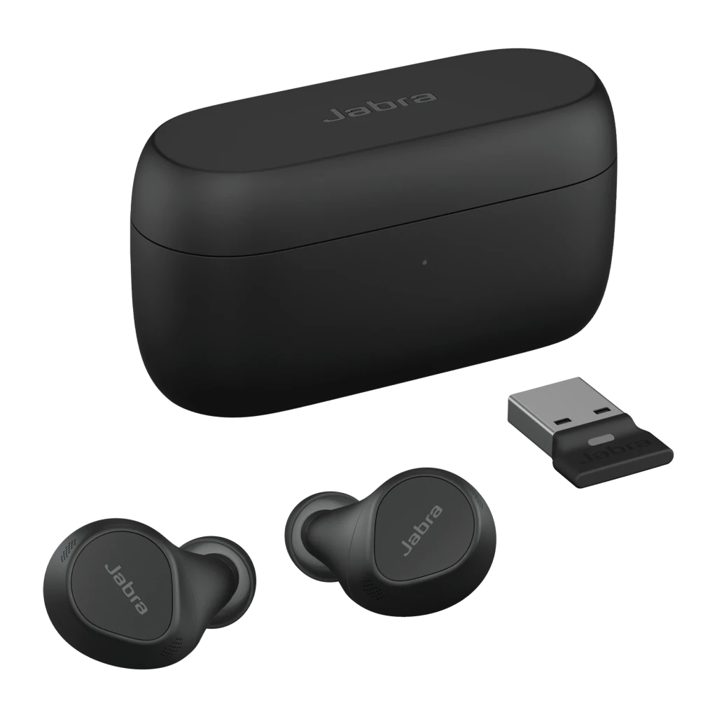 Jabra Evolve2 Buds USB-A UC negro, vista principal: auriculares true wireless en estuche abierto con tapa elevada - Ítem4