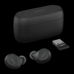 Jabra Evolve2 Buds USB-A UC negro, vista conjunto: estuche cerrado, dos auriculares y dongle USB-A sobre fondo oscuro