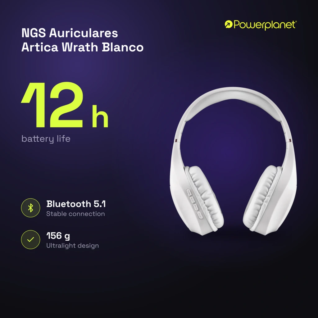 NGS Auriculares Artica Wrath Blanco, vista lateral: diadema acolchada, almohadillas y logo WRATH visibles - Ítem8