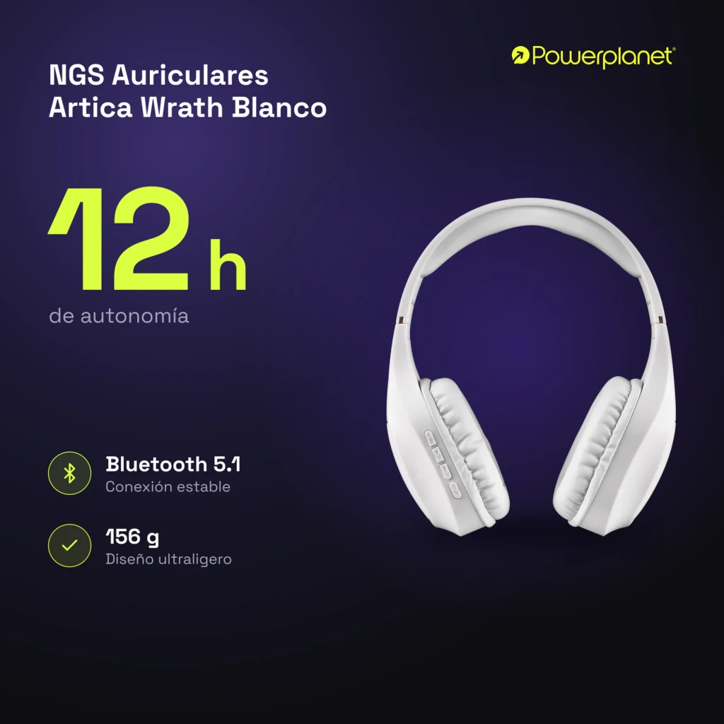 NGS Auriculares Artica Wrath Blanco, vista lateral: diadema acolchada, almohadillas y logo WRATH visibles - Ítem5