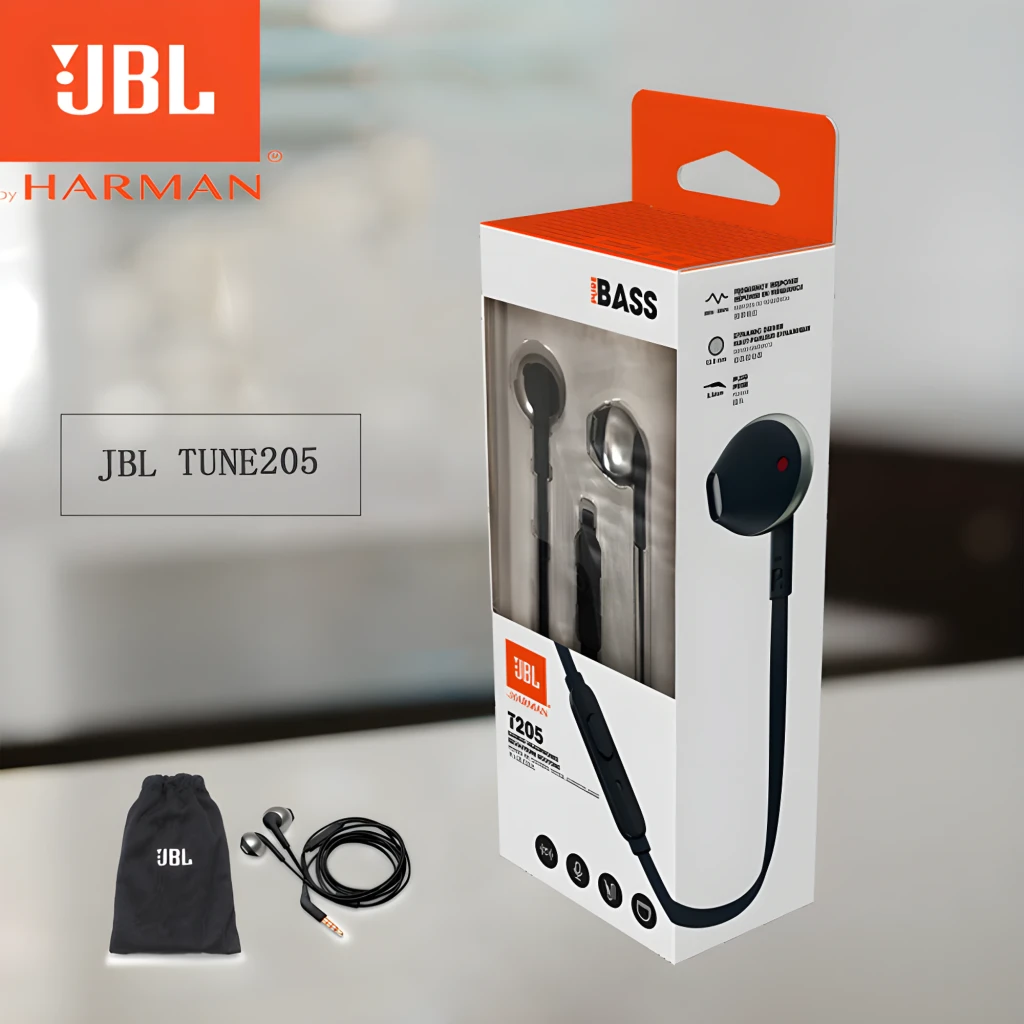JBL Auriculares Tune 205 Preto, vista frontal: ambos auriculares, cabo plano, microfone inline e jack dourado 3.5mm - Item3
