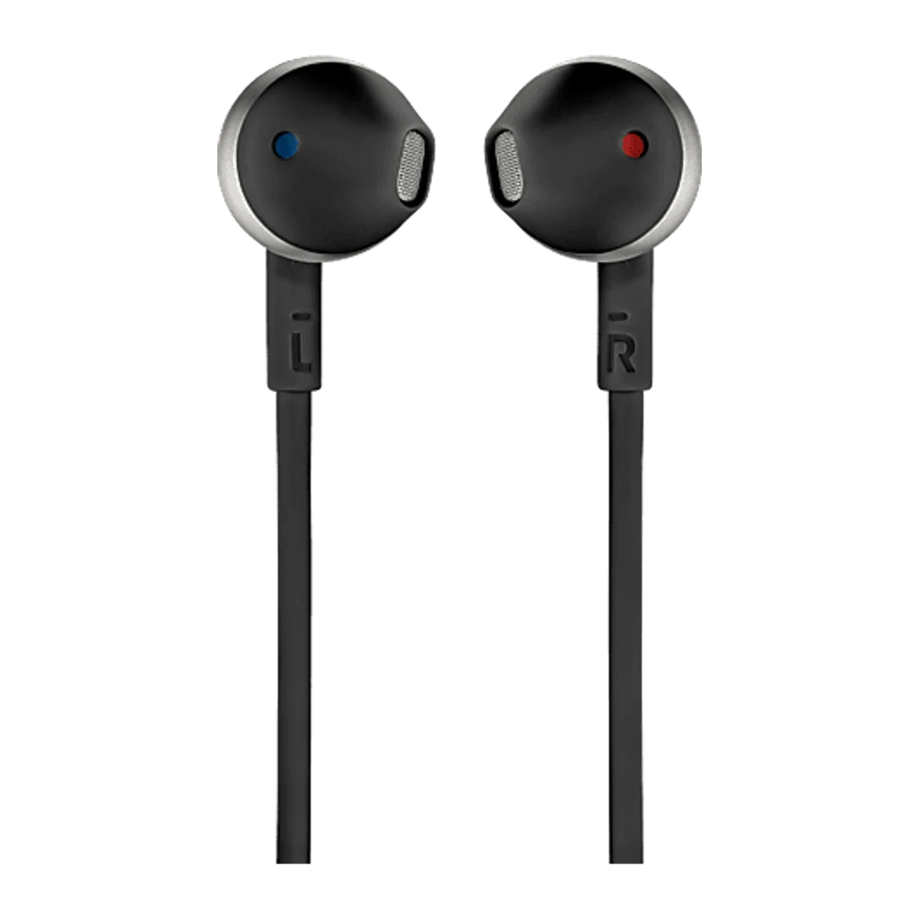 JBL Auriculares Tune 205 Preto, vista frontal: ambos auriculares, cabo plano, microfone inline e jack dourado 3.5mm - Item1