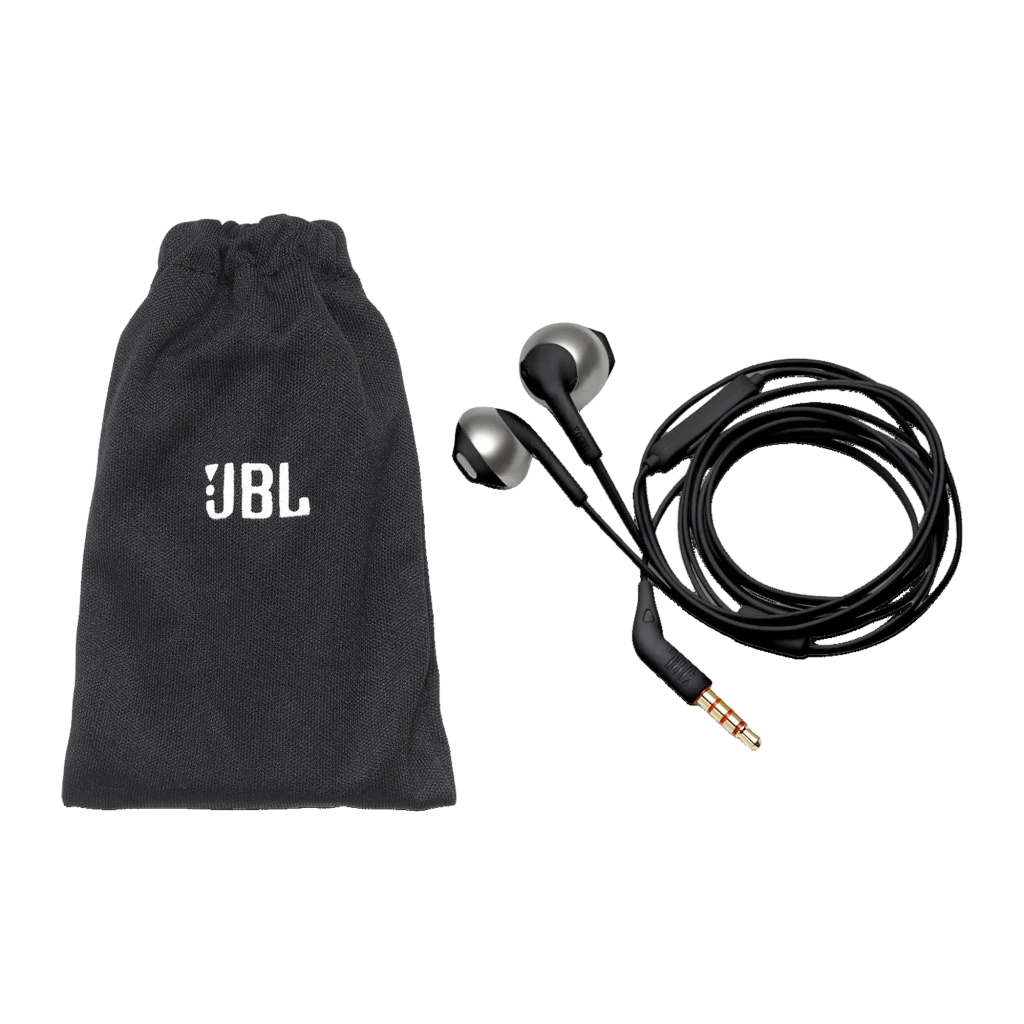 JBL Auriculares Tune 205 Preto, vista frontal: ambos auriculares, cabo plano, microfone inline e jack dourado 3.5mm - Item4
