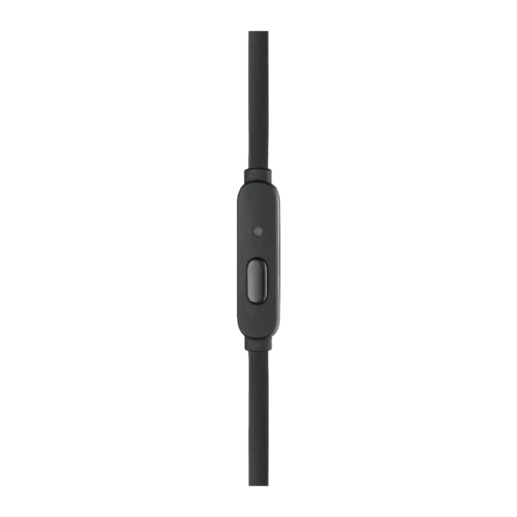 JBL Auriculares Tune 205 Preto, vista frontal: ambos auriculares, cabo plano, microfone inline e jack dourado 3.5mm - Item2
