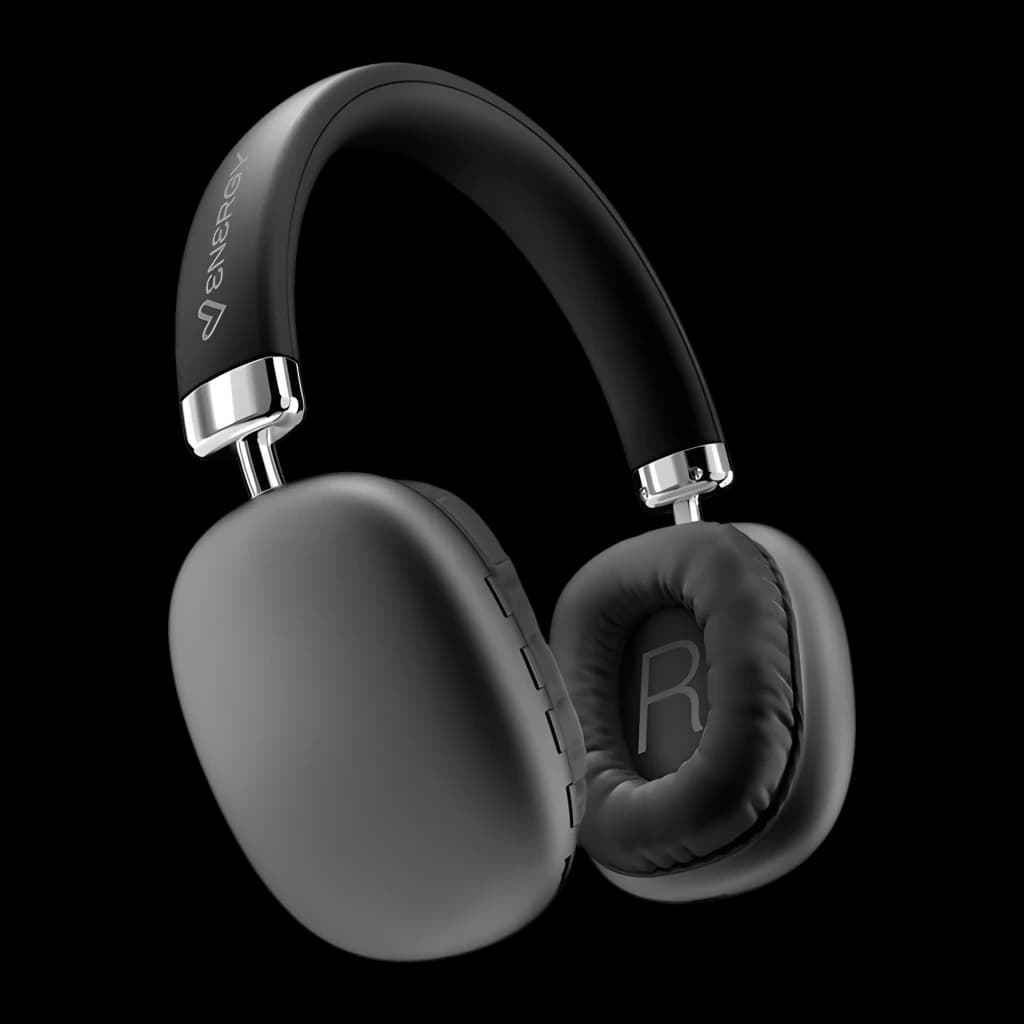 Energy Sistem Casque Style BT Noir, vue latérale: coussinets rembourrés, arceau avec logo et détails chromés argentés