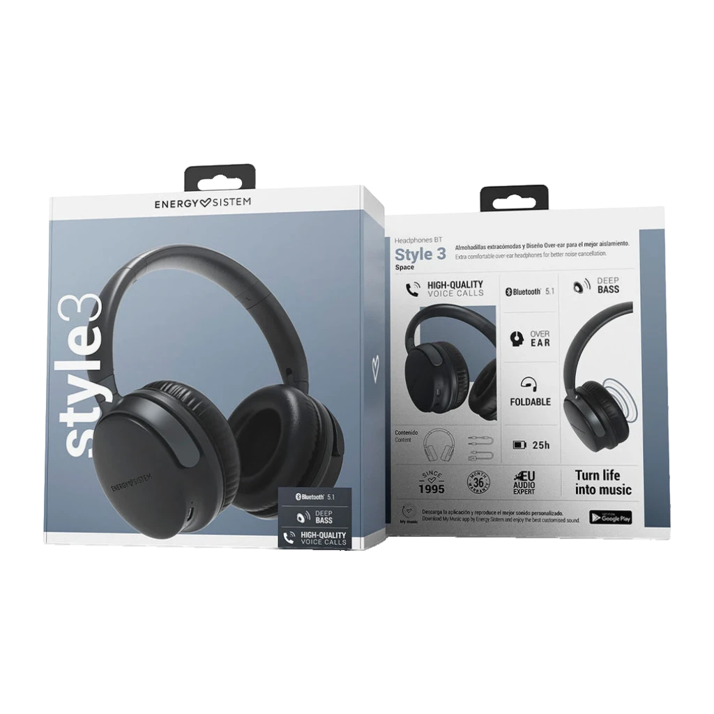 Energy Sistem Casque Style BT Noir, vue latérale: coussinets rembourrés, arceau avec logo et détails chromés argentés - Ítem4