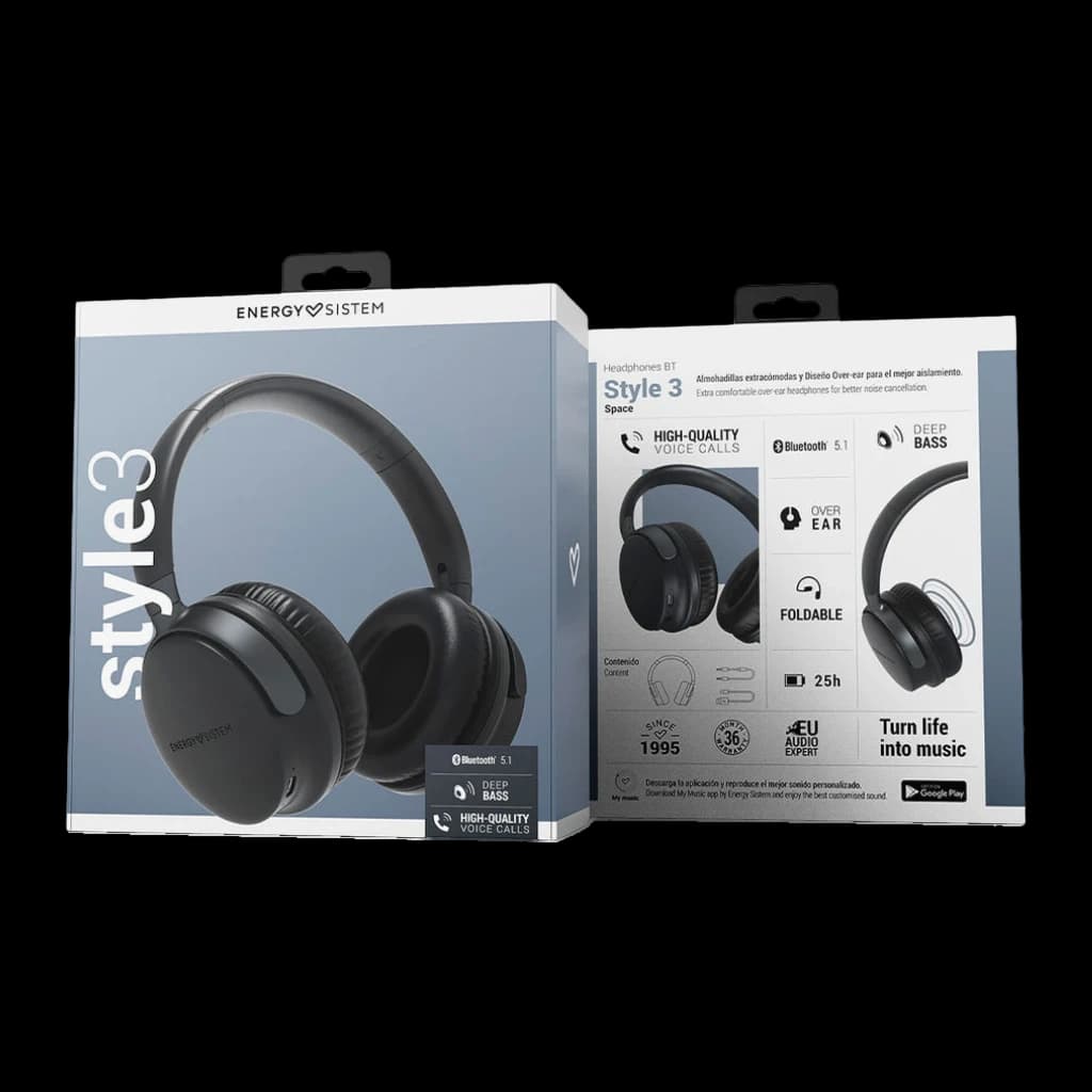 Energy Sistem Headphones BT Style 3 noir, boîte avant et arrière: emballage avec casque visible et caractéristiques