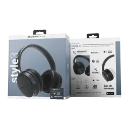 Energy Sistem Headphones BT Style 3 noir, boîte avant et arrière: emballage avec casque visible et caractéristiques