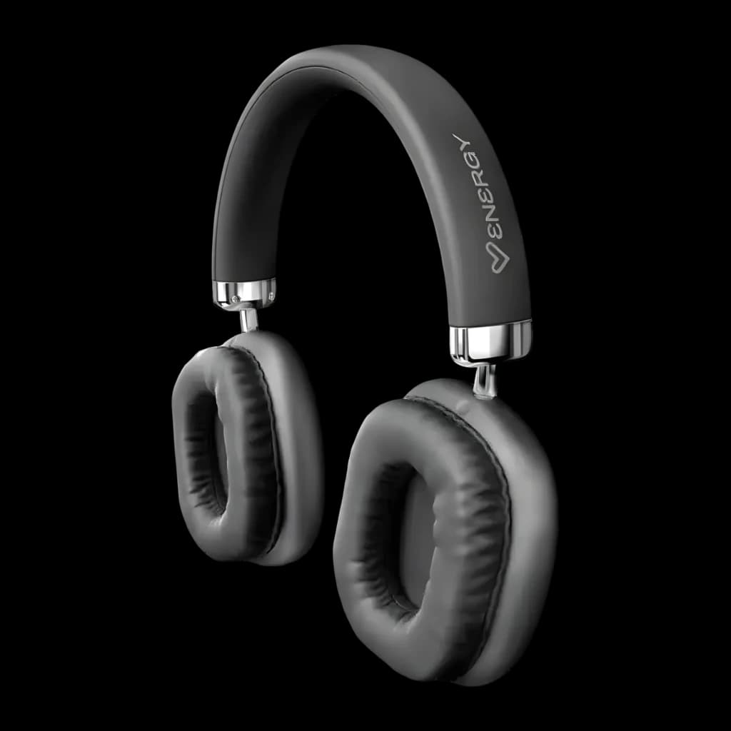 Energy Sistem Casque Style BT Noir, vue de face 3/4: arceau rembourré, coussinets gris et détails chromés