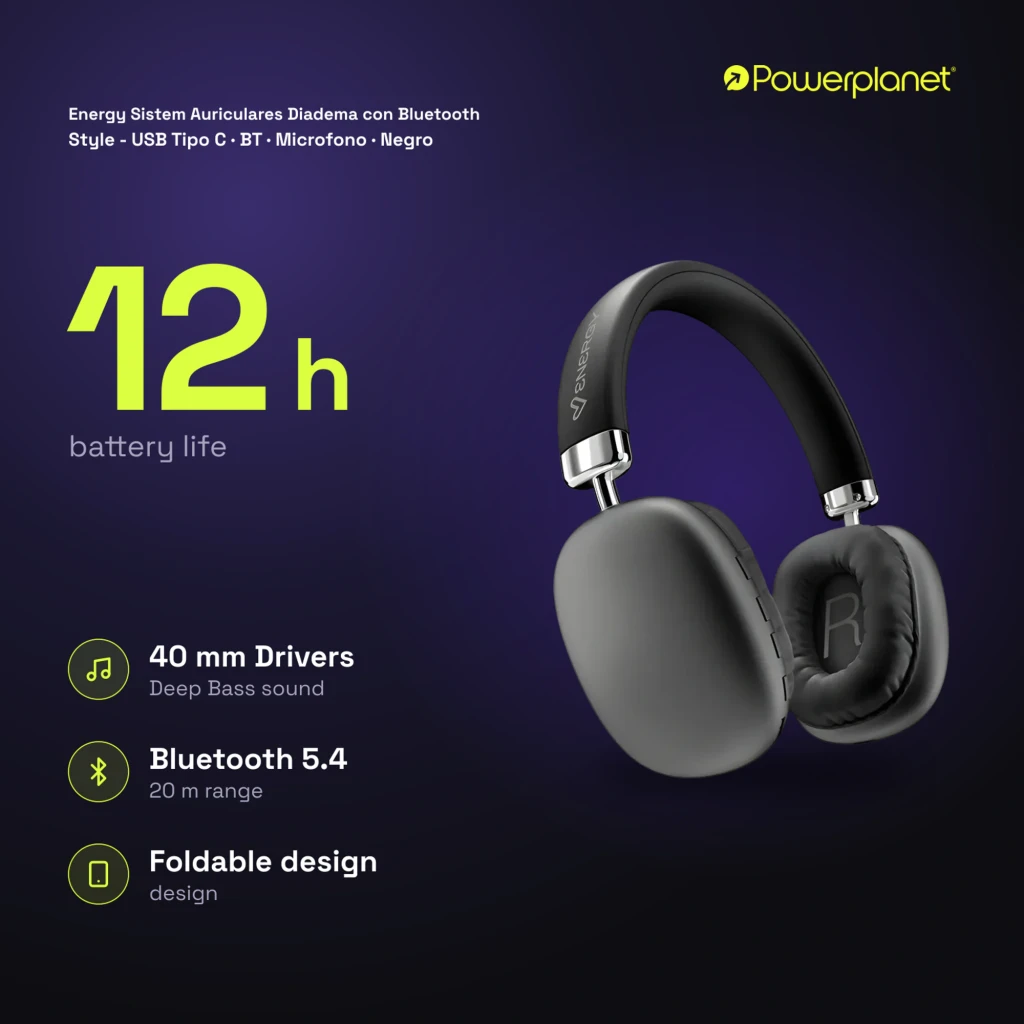 Energy Sistem Casque Style BT Noir, vue latérale: coussinets rembourrés, arceau avec logo et détails chromés argentés - Ítem8