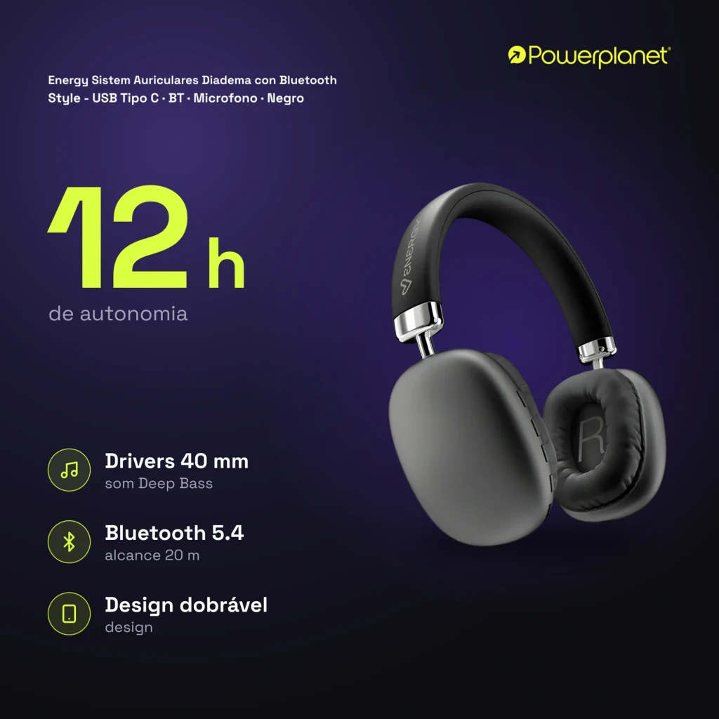 Energy Sistem Casque Style BT Noir, vue latérale: coussinets rembourrés, arceau avec logo et détails chromés argentés - Ítem7