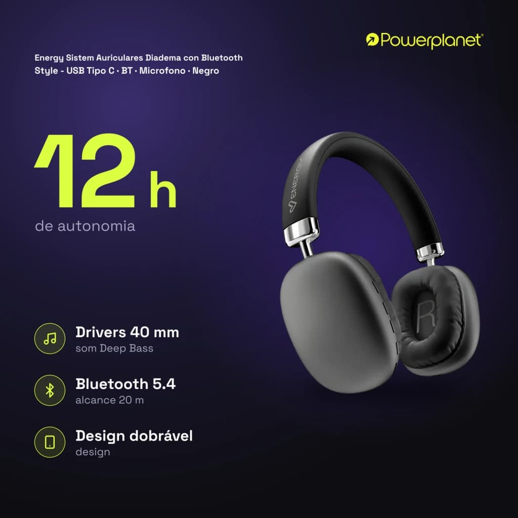 Energy Sistem Auriculares Diadema con Bluetooth Style - USB Tipo C · BT · Microfono · Negro - caractéristiques
