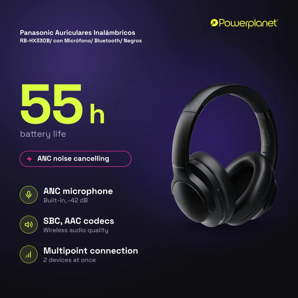 Panasonic RB-HX330B Auriculares Inalámbricos Negro, vista en ángulo: almohadillas acolchadas, botones laterales y etiqueta - Ítem9