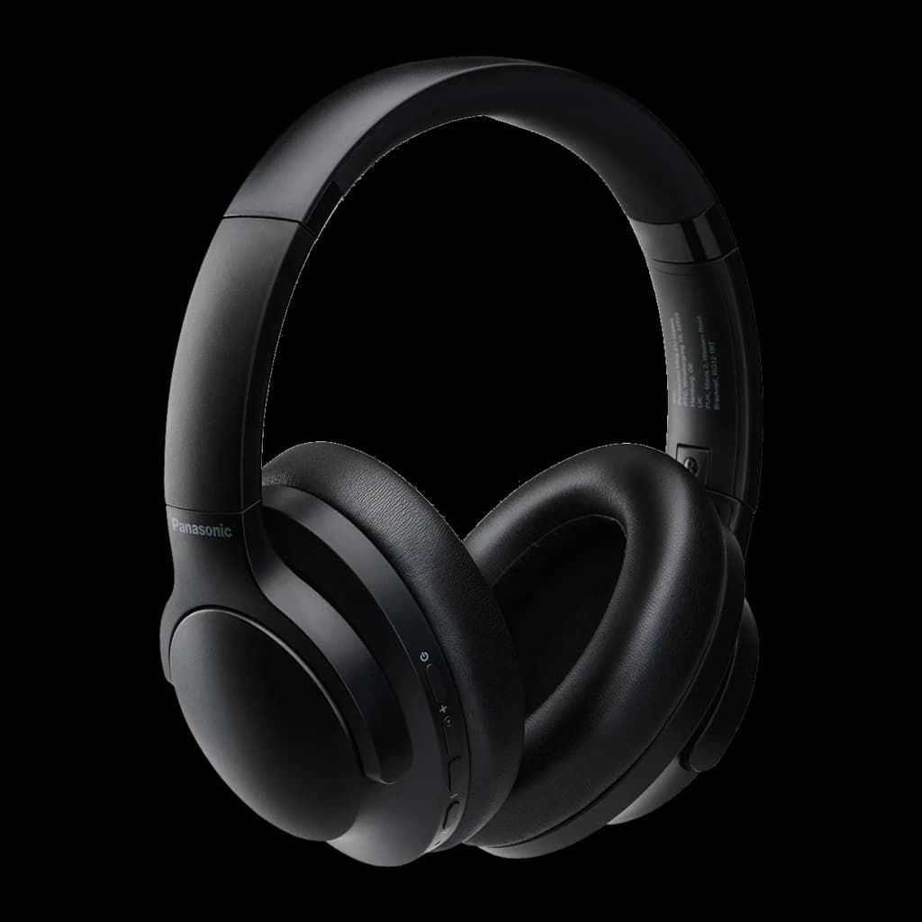 Panasonic RB-HX330B Auscultadores Sem Fios Preto, vista em ângulo: almofadas acolchoadas, botões laterais e etiqueta no arco