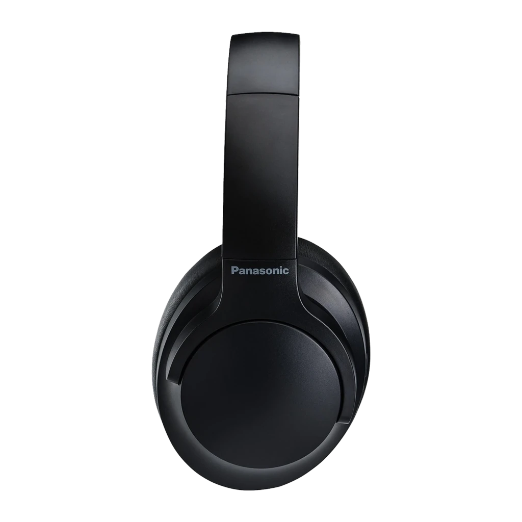 Panasonic RB-HX330B Auriculares Inalámbricos Negro, vista en ángulo: almohadillas acolchadas, botones laterales y etiqueta - Ítem2