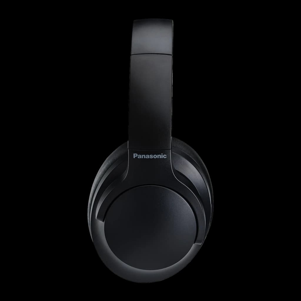 Panasonic RB-HX330B Auscultadores Sem Fios Preto, vista lateral: perfil de um auricular com logo Panasonic e detalhe do arco