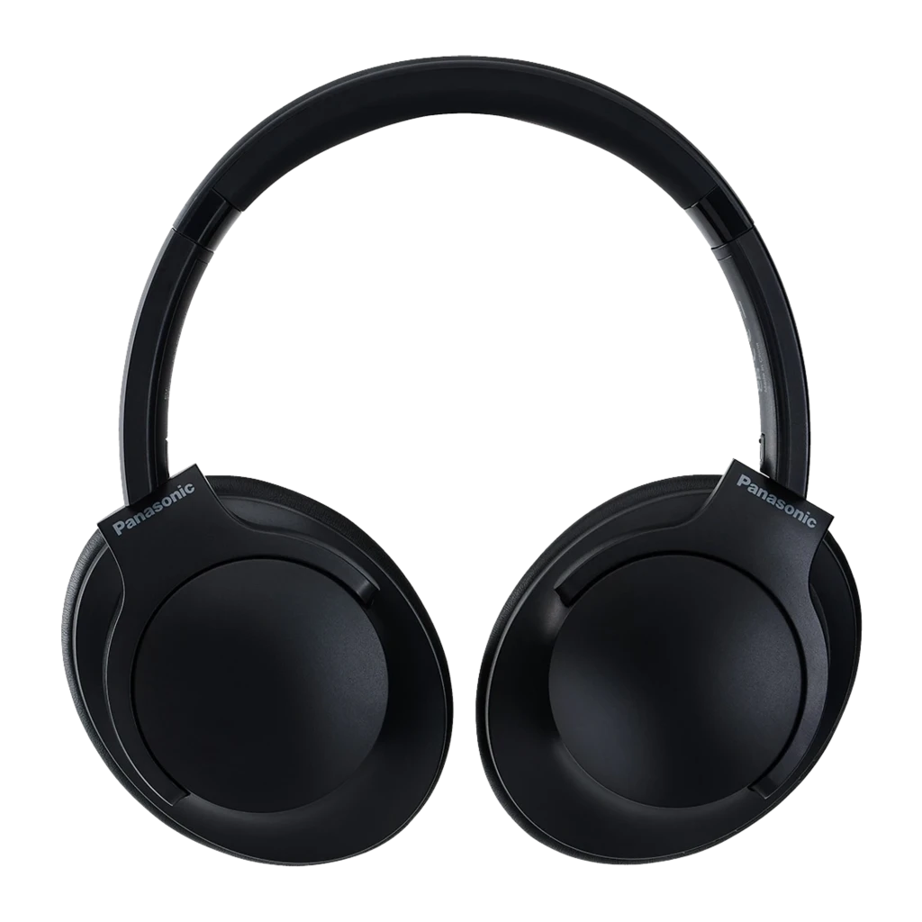 Panasonic RB-HX330B Auriculares Inalámbricos Negro, vista en ángulo: almohadillas acolchadas, botones laterales y etiqueta - Ítem1