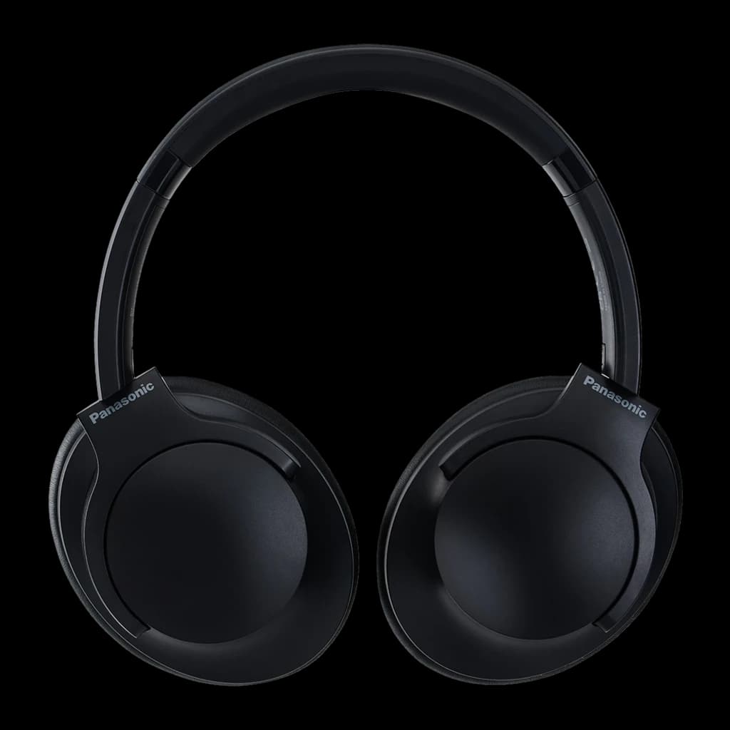 Panasonic RB-HX330B Auscultadores Sem Fios Preto, vista frontal: arco e almofadas com logo Panasonic em ambos os auriculares
