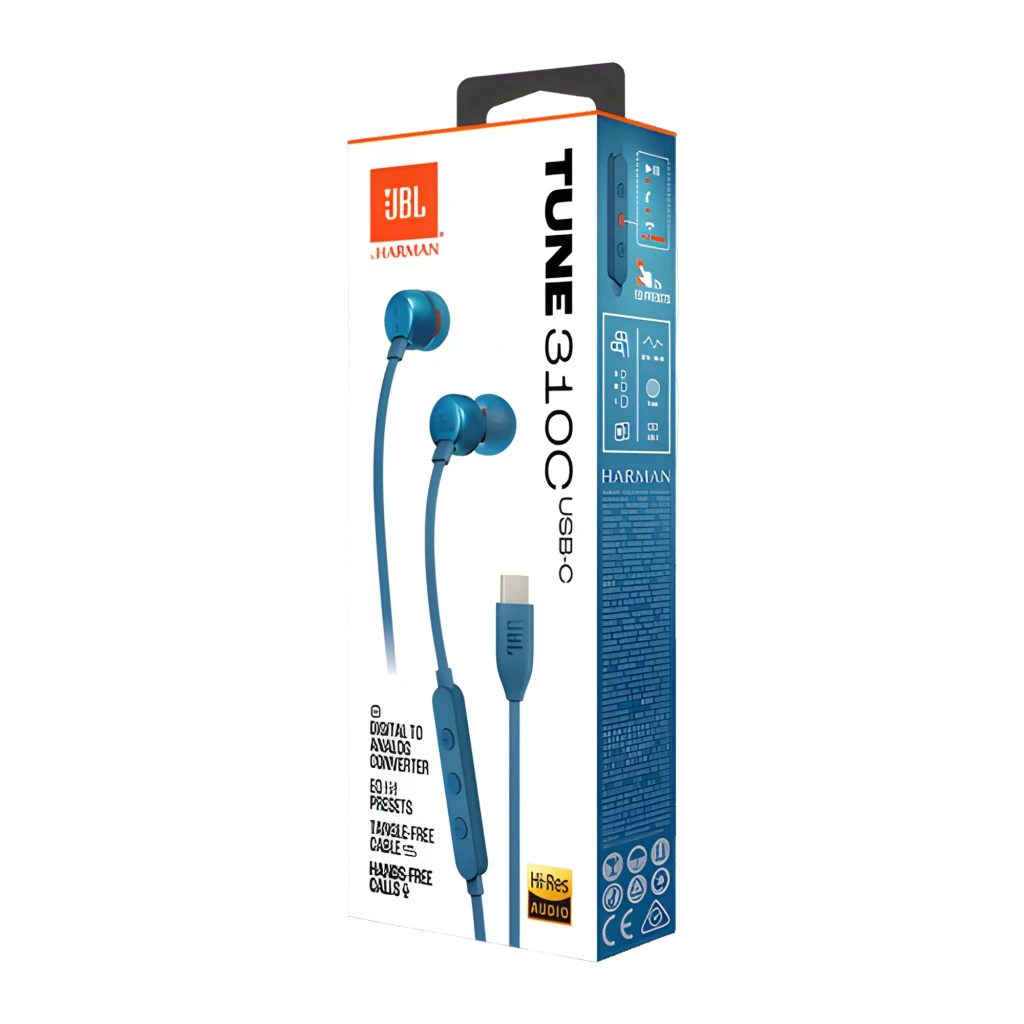 JBL Auriculares Tune 310C Azul, detalle: auriculares separados mostrando almohadillas, mando en línea y conector USB-C - Ítem3