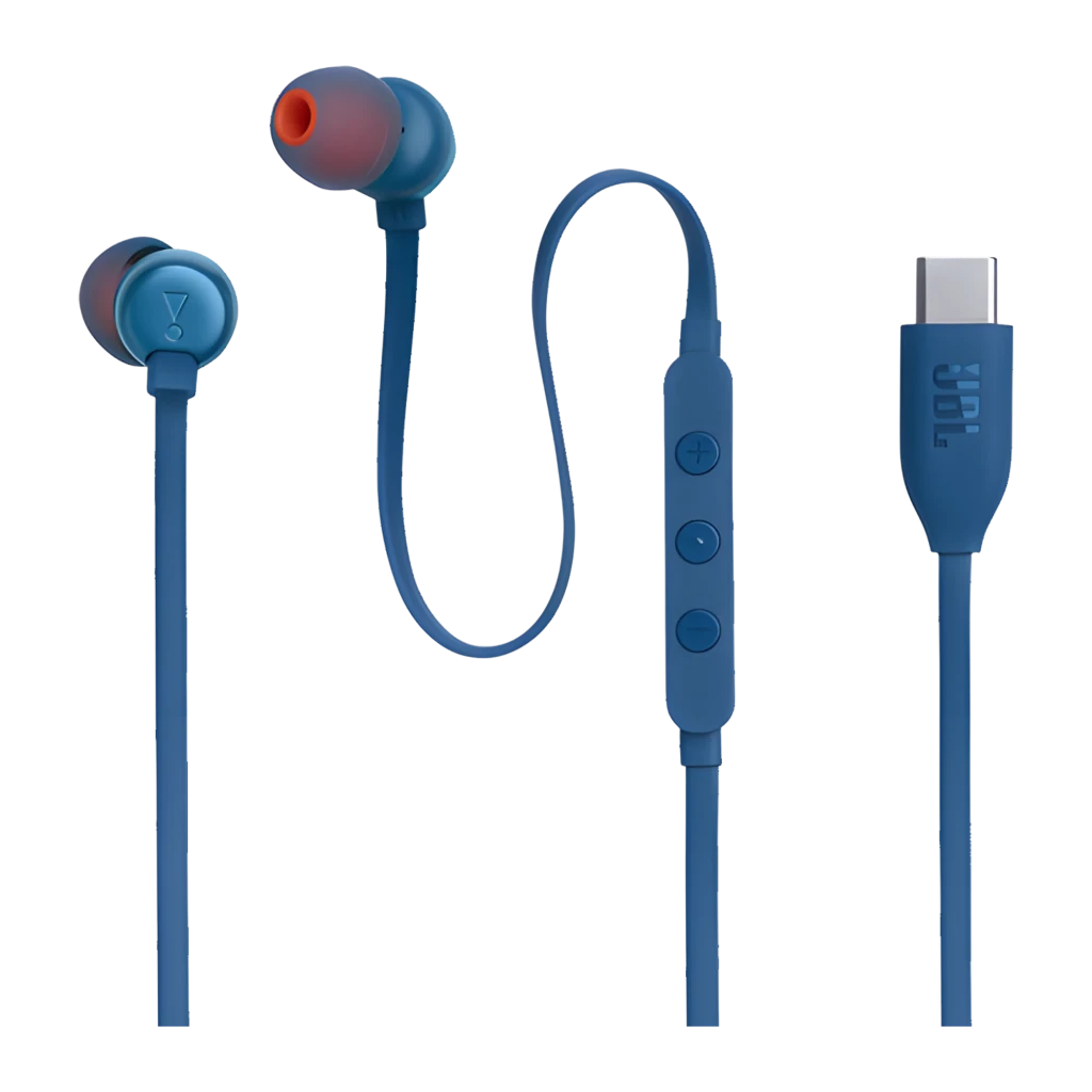 JBL Auriculares Tune 310C Azul, detalle: auriculares separados mostrando almohadillas, mando en línea y conector USB-C - Ítem2