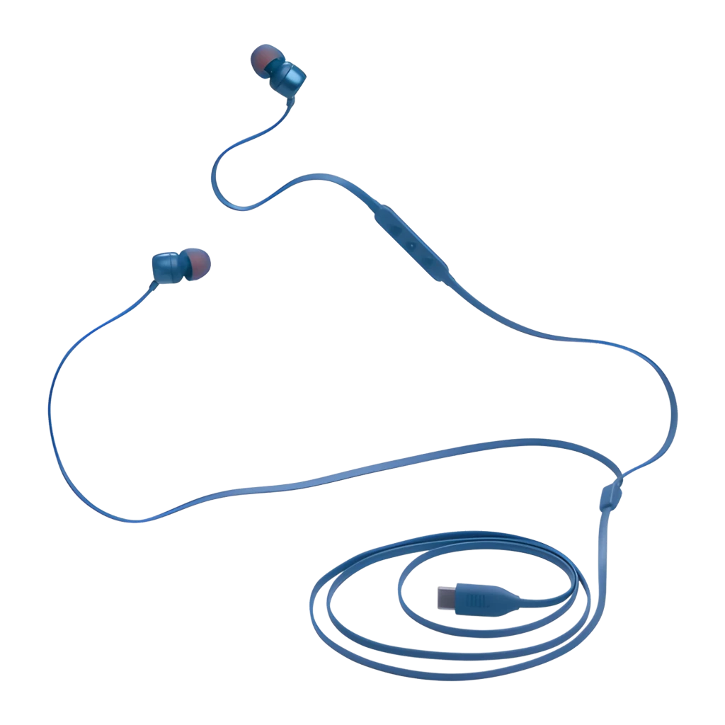 JBL Auriculares Tune 310C Azul, detalle: auriculares separados mostrando almohadillas, mando en línea y conector USB-C - Ítem4