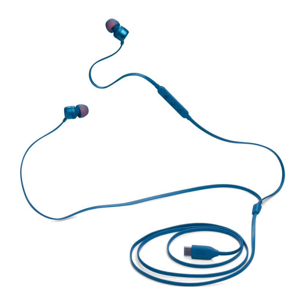 JBL Auriculares Tune 310C Azul, detalle: auriculares separados mostrando almohadillas, mando en línea y conector USB-C - Ítem1