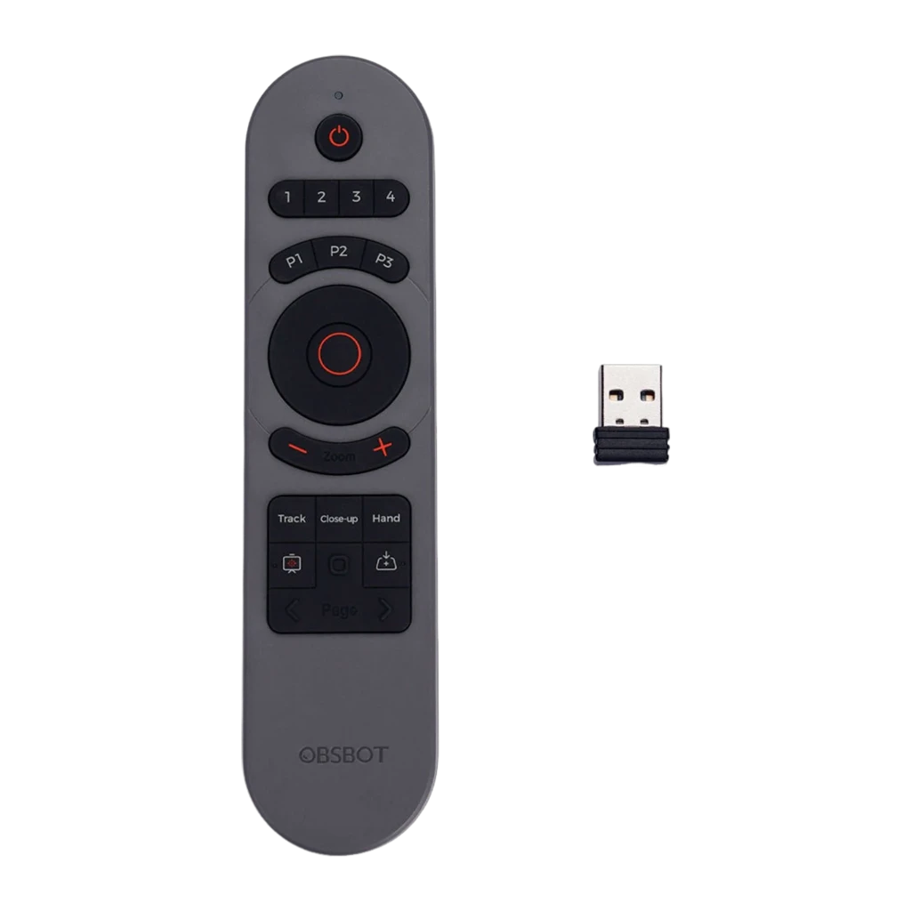 OBSBOT Tiny Smart Remote 2 gris, vista frontal en ángulo: botones de zoom, dial circular y teclas P1-P3 visibles - Ítem1