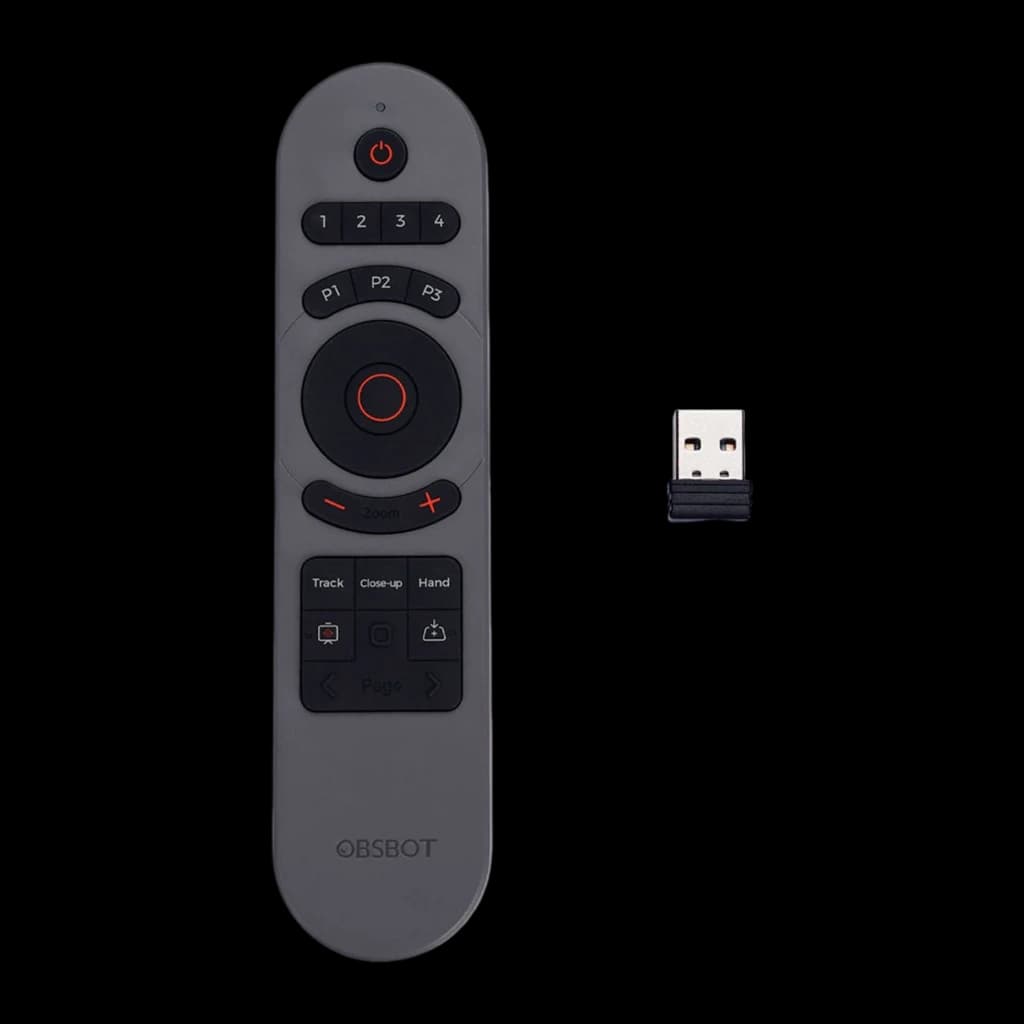 OBSBOT Tiny Smart Remote 2 gris, kit completo: mando frontal plano junto a receptor USB inalámbrico