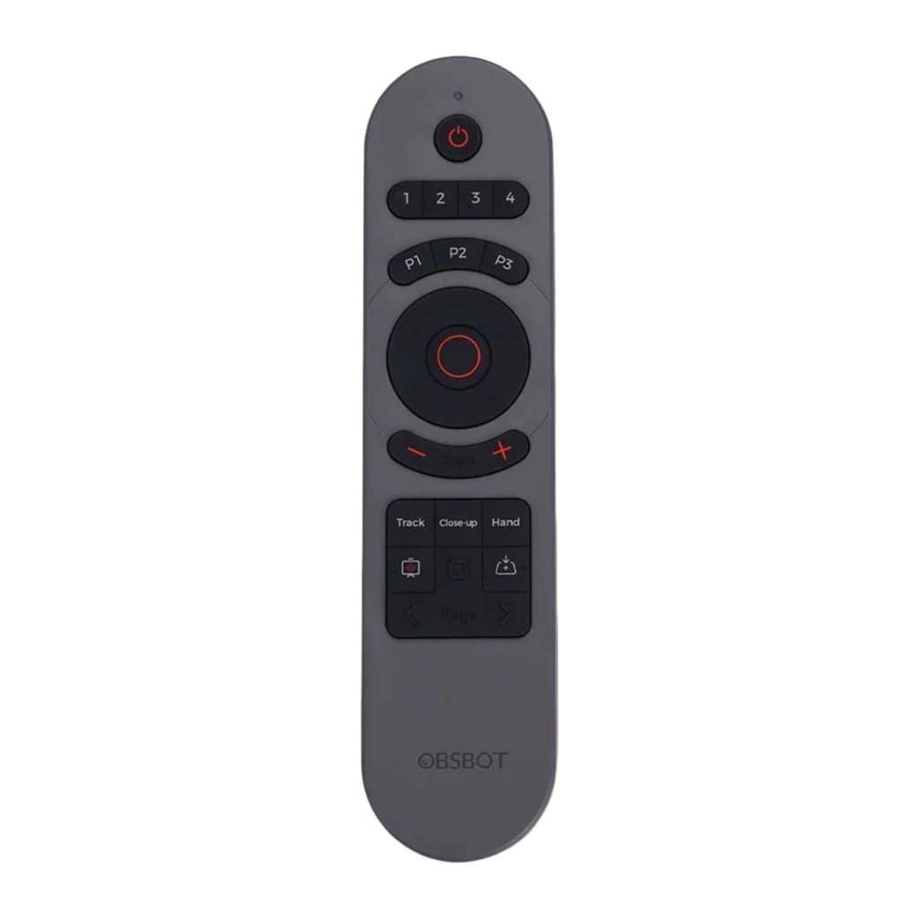 OBSBOT Tiny Smart Remote 2 gris, vista frontal en ángulo: botones de zoom, dial circular y teclas P1-P3 visibles - Ítem3