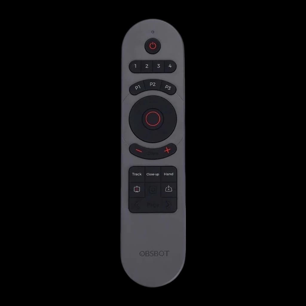 OBSBOT Tiny Smart Remote 2 gris, vista frontal plana: detalle de botones Track, Close-up y Hand en zona inferior