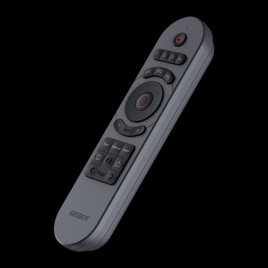 OBSBOT Tiny Smart Remote 2 gris, vista frontal en ángulo: botones de zoom, dial circular y teclas P1-P3 visibles