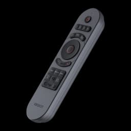 OBSBOT Tiny Smart Remote 2 gris, vista frontal en ángulo: botones de zoom, dial circular y teclas P1-P3 visibles